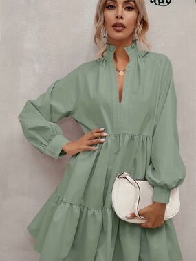 NWT Sage Green Ruffle-Trim Tiered Dress